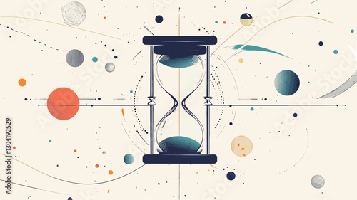 A stylized illustration depicting a dark blue hourglass at the center.  The hourglass is positioned against a light beige background featuring abstract representations of planets, stars,
