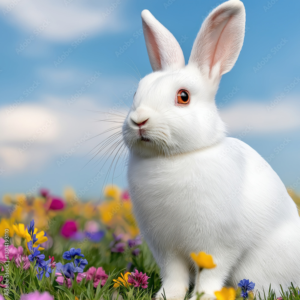 Fluffy White Rabbit Sitting in a Meadow of Colorful Wildflowers Under a Bright Blue Sky, Gazing Curiously with Soft Fur and Long Ears, Capturing the Beauty of Nature and Springtime Serenity Fluffy White Rabbit Sitting in a Meadow of Colorful Wildflowers Under a Bright Blue Sky, Gazing Curiously with Soft Fur and Long Ears, Capturing the Beauty of Nature and Springtime Serenity