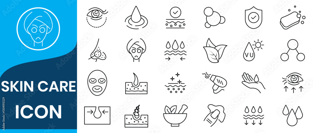 Fototapeta premium Skin care line icons set. Moisture cream, acid, anti wrinkle serum, ceramide, collagen, retinol compound, sunscreen vector illustration. Skin care icon set. Wellness and body spa .