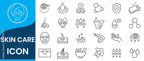 Skin care line icons set. Moisture cream, acid, anti wrinkle serum, ceramide, collagen, retinol compound, sunscreen vector illustration. Skin care icon set. Wellness and body spa .