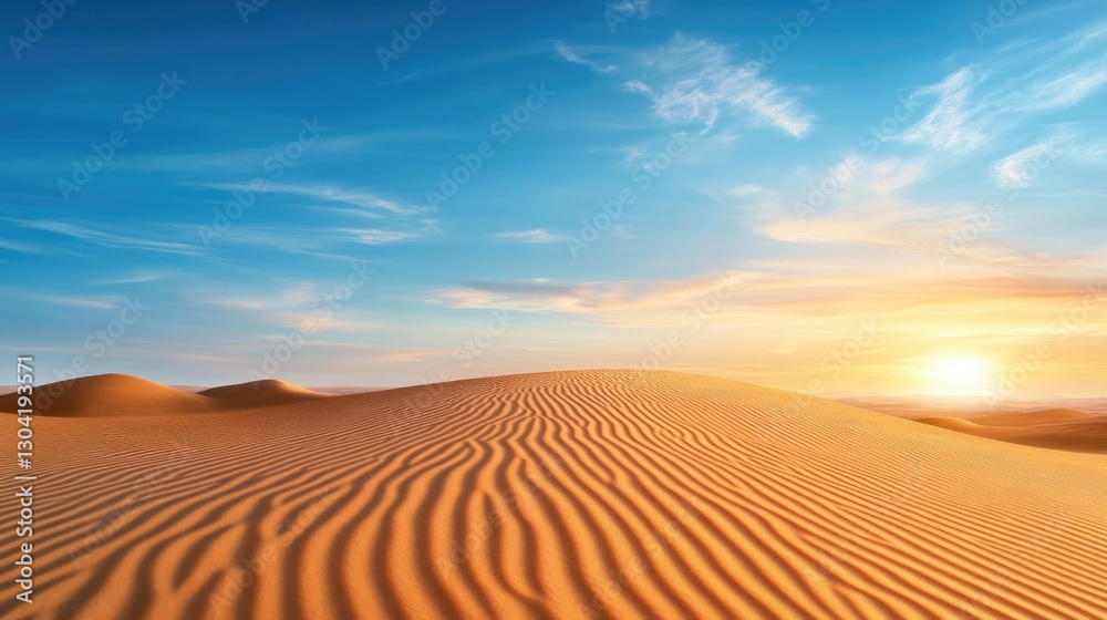 Naklejka premium Golden sand dunes under vibrant sunset with blue sky and clouds