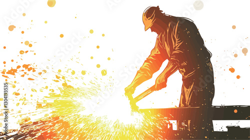The image shows a stylized silhouette of a blacksmith working at his anvil.  The figure is depicted from the knees up, bending over the anvil and striking a piece of metal with a hammer.