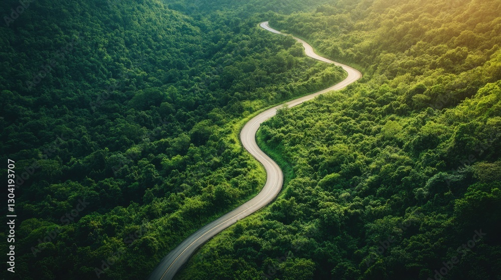Winding road through lush green forest with sunlight Winding road through lush green forest with sunlight
