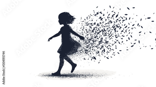 The image is a digital illustration depicting a dark silhouette of a young girl, possibly around 5-7 years old, in a simple dress. She is walking towards the right side of the frame.  From
