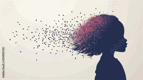 The image is a digital illustration depicting the profile of a child's head and shoulders in silhouette. The hair is depicted as disintegrating into small, dark particles that are dispersed