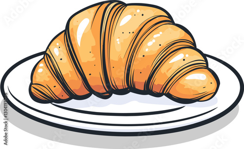 Freshly baked croissant served on a white plate cartoon isolated on transparent background. Vector illustration.