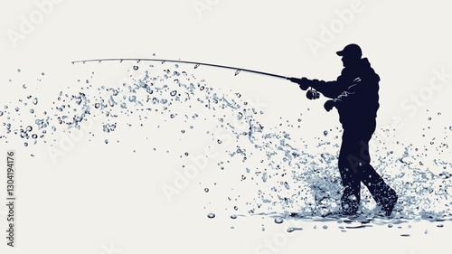 The image is a monochrome silhouette of a fly fisherman in the process of casting. The figure is depicted from the knees up, wearing what appears to be a waterproof jacket and hat.  The