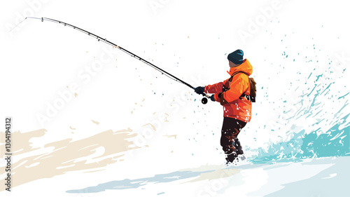 Vector illustration depicting a person ice fishing. The style is painterly, with visible brushstrokes. The fisherman is wearing an orange jacket and dark pants, holding a long fishing rod.