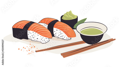 A digital illustration depicting two pieces of salmon nigiri sushi arranged on a white surface.  A small bowl of wasabi and a small bowl of soy sauce are positioned next to the sushi. A