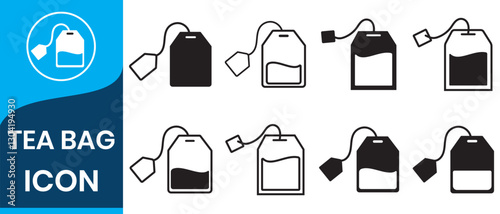 Tea bag vector icon set. Teabag symbol. Herb tea bag packaging for morning beverage logo. Tea bag icons set. Teabag icon. Vector illustration.
