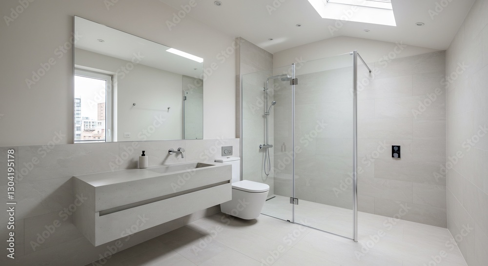 Serene minimalist bathroom glows softly under natural light. AI Generated Serene minimalist bathroom glows softly under natural light. AI Generated