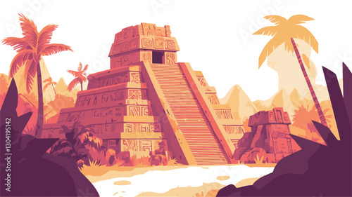 A stylized illustration depicting a Mayan pyramid, rendered in warm orange and purple tones. The pyramid is centrally located, with a steep incline leading to its entrance. Lush tropical