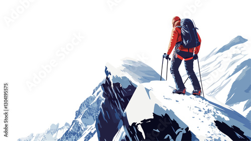 A stylized illustration depicting two mountain climbers standing on a snowy mountain peak. The style is vector-like, with bold outlines and a limited color palette of blues, reds, and