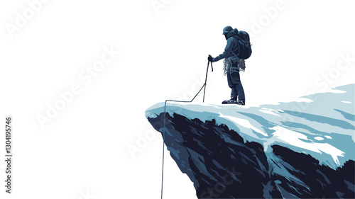 Vector illustration of a lone climber standing on a snowy mountain peak. The climber is depicted in a dark silhouette against a bright white background, creating a stark contrast. The