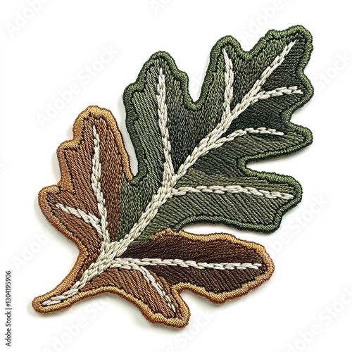 Embroidered Oak Leaf Patch with Brown, Green, and White Stitched Details, Displayed Against a White Background.