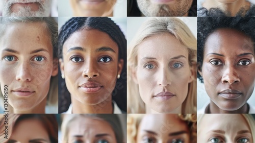 Diverse group of people with thoughtful expressions, surrounded by questionnaires and charts, symbolizing consumer survey insights and market research analysis.