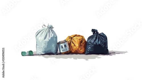 Digital illustration depicting four tied trash bags in varying colors: light gray, mustard yellow, and dark blue/black, resting on a white background. A small object, possibly a small
