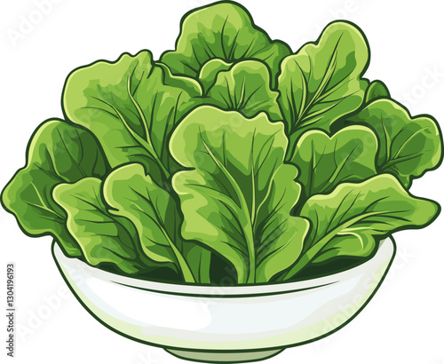 Fresh leafy greens in a white bowl ready for a healthy meal cartoon isolated on transparent background. Vector illustration.