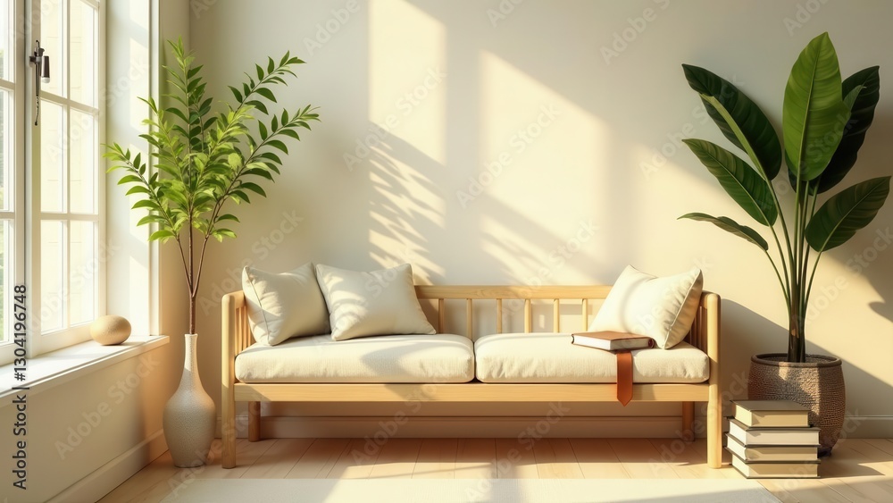 Serene Minimalist Living Room Design with Natural Light and Greenery Serene Minimalist Living Room Design with Natural Light and Greenery