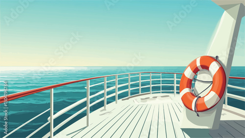 A digital illustration depicting a portion of a cruise ship's deck.  The scene is dominated by a white wooden deck, a white railing, and a bright orange and white lifebuoy affixed to a