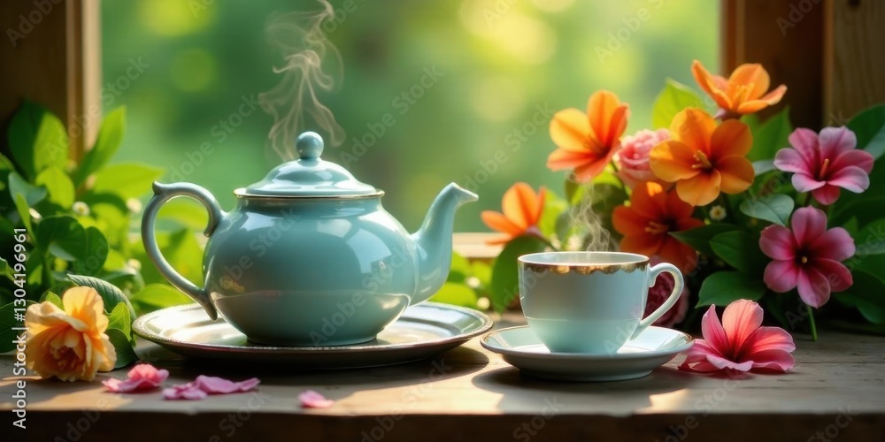 Serene morning tea ritual with a steaming teapot and delicate floral arrangement, bathed in sunlight Serene morning tea ritual with a steaming teapot and delicate floral arrangement, bathed in sunlight
