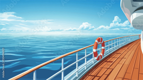 The image is a digital illustration depicting a portion of a cruise ship's deck. The deck is made of brown wood planks. A metal railing runs along the edge of the deck. A red and white life