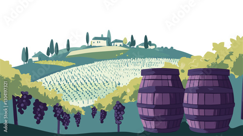 Stylized illustration depicting a gently sloping vineyard landscape. The scene features rows of grapevines, two large wine barrels in the foreground, and a small village nestled on a hill
