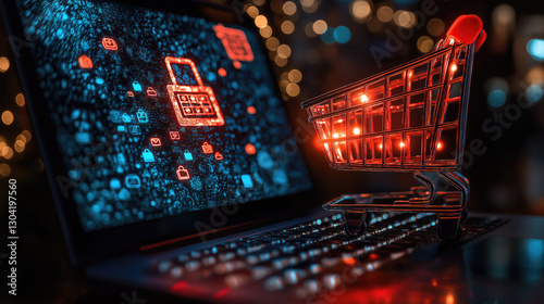 Digital shopping concept with neon cart and secure online payment display. Black Friday, Shopping Friday, Day After Thanksgiving - Global Discount Day, November Sales Event