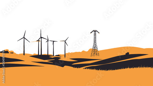 The image is a stylized illustration depicting a wind farm situated in a desert-like landscape.  The style is minimalist, using primarily black silhouettes of wind turbines and a