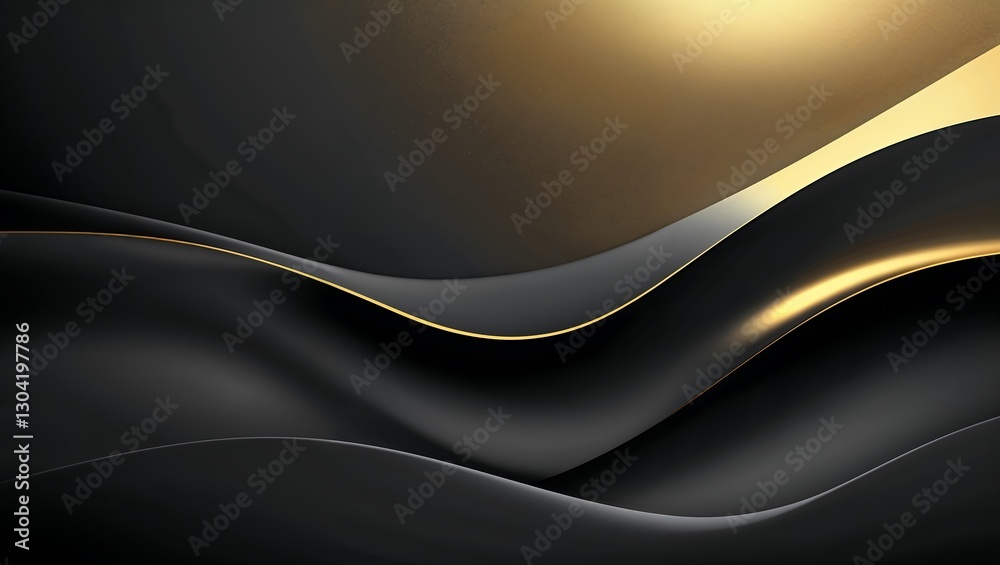 Obraz premium Sleek Black Waves with Golden Light and Smooth Curves Creating a Futuristic Abstract Landscape