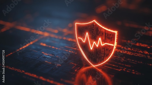 Neon Digital Shield with Heartbeat Line on Dark Background