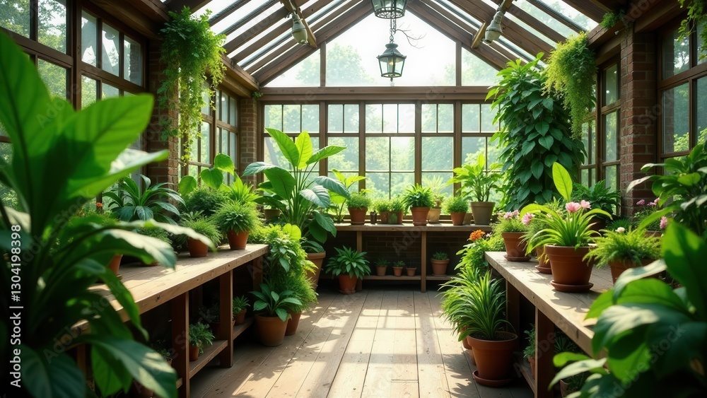 Sunlit Greenhouse Filled with Lush Greenery and Vibrant Plant Life on Wooden Shelving