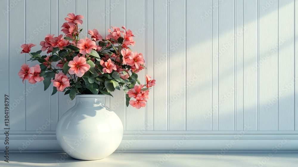 Fototapeta premium Pink Flowers in a White Vase Against a Light Wood Panel