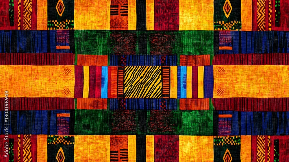 A tribal African kente cloth weave pattern, bursting with vibrant colors and traditional geometric designs