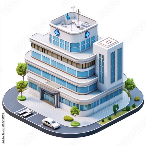 Sleek, Modern 3D Hospital Icon, healthcare symbol.