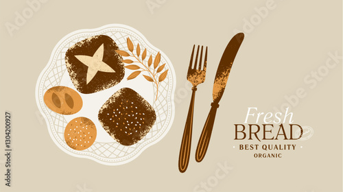 Various bread on a plate. Bread collection. Horizontal design template. Vector illustration