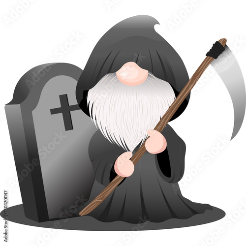 Grim reaper gnome with a scythe by a gravestone. Perfect for Halloween projects, spooky invitations, and dark fantasy designs.