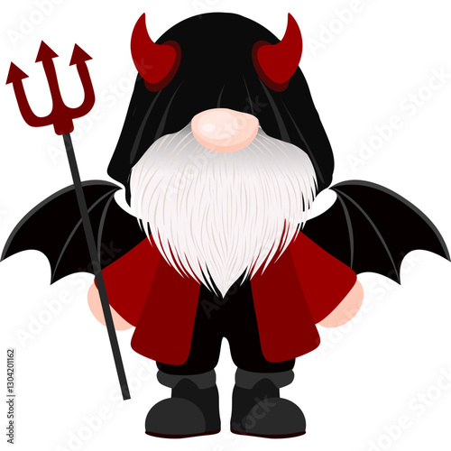 Halloween devil gnome with horns, wings, and a trident. Great for scary and fun Halloween designs, cards, and social media graphics.