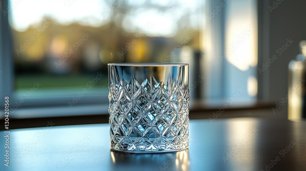 Crystal glass tumbler on table near window, autumnal view