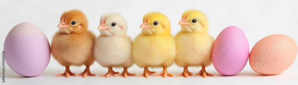 Fototapeta premium Four Fluffy Baby Chicks with Pastel Easter Eggs on White Background