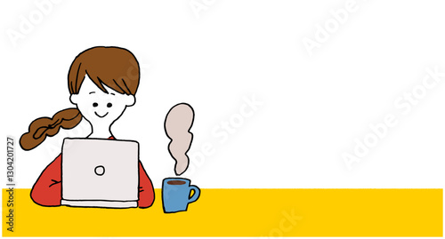 手描き風　リモートワーク　コピースペース　パソコンを使っている女性　ベクター　カラフル　ポップ