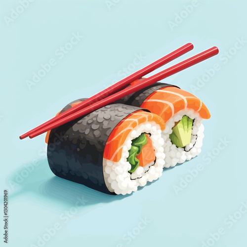 A sushi roll with fresh sashimi and spicy sauce flat vector illustration