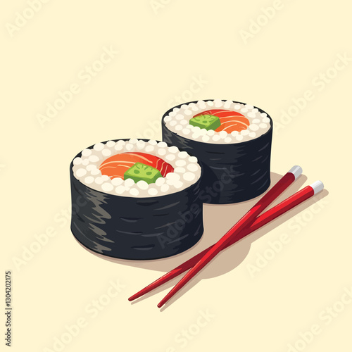 A sushi roll with fresh sashimi and spicy sauce flat vector illustration