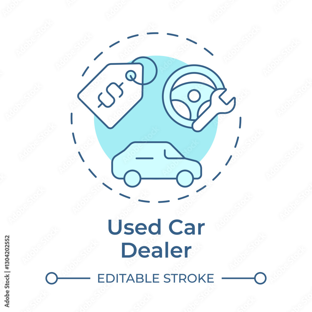 Naklejka premium Used car dealer soft blue concept icon. Transport maintenance, repair. Price tag, sale. Round shape line illustration. Abstract idea. Graphic design. Easy to use in infographic, presentation