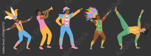 Brazilian carnival character set. Various people in festival costumes. Modern vector illustration
