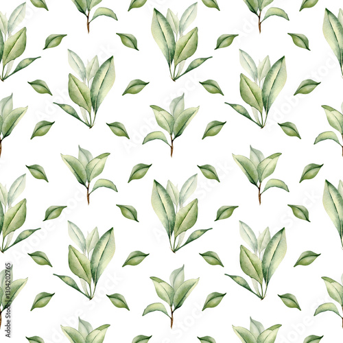 Wallpaper Mural Seamless pattern with watercolor green tea leaves and branches on a white. Foliate repeated background of leaves citrus, orange, grapefruits. Plants texture for organic packaging, textile. Torontodigital.ca