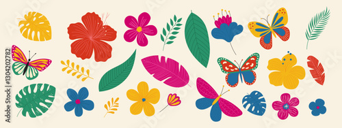 Tropical flowers and leaves set. Hand drawn exotic plants.