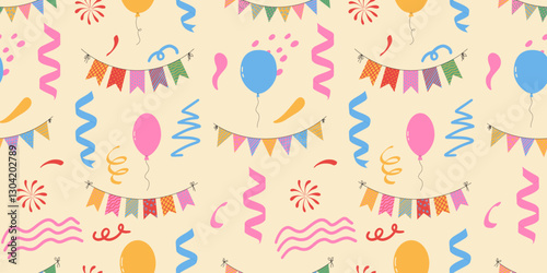 Flag garlands with balloons. Buntings seamless pattern for birthday, carnival and party