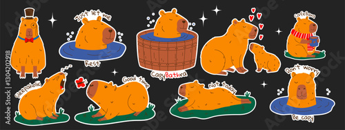Capybara stickers set with text. Set of rodent characters swimming in pond, relaxing, walking, sleeping, drinking coffee. Hand drawn vector illustration.
