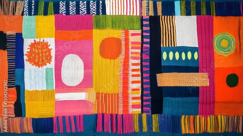 A vibrant carnival-inspired weaving pattern with bold, clashing colors and festive designs